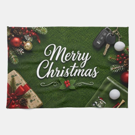 Golf Kerstthema op groen gras Theedoek (Horizontaal)