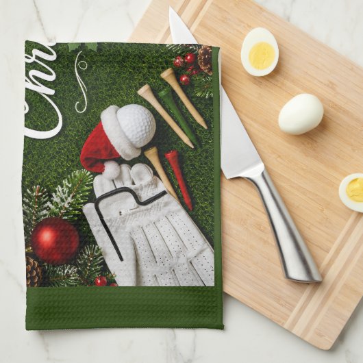 Golf Kerstthema op groen gras Theedoek (Quarter Fold)
