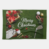 Golf Kerstthema op groen gras Theedoek (Horizontaal)