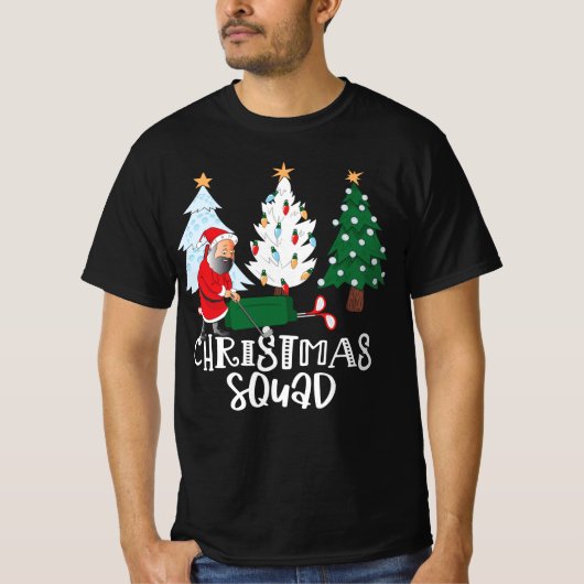Golf-kerstvierkant met kerstman bij de kerstboom t-shirt (Voorkant)