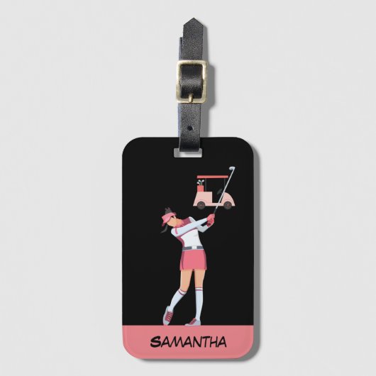 Golf Lady, een vrouw die in roze golft met naam Bagagelabel (Voorkant (verticaal))