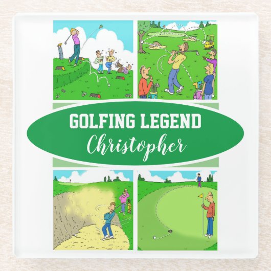 Golf Legend met 4 Funny Cartoons Golf Glazen Onderzetter (Voorkant)