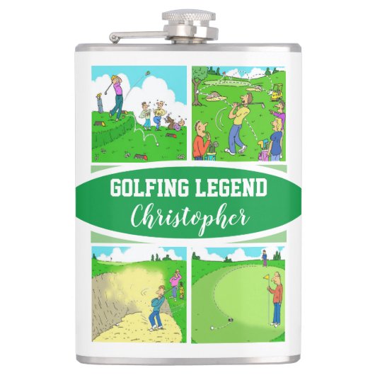 Golf Legend met 4 Funny Cartoons Golf Heupfles (Voorkant)