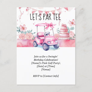 Golf Let's Par t-shirt met roze golfkar voor meisj Briefkaart