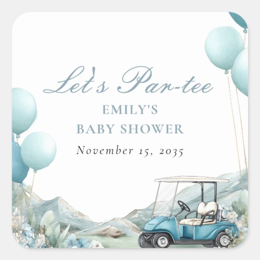 Golf Let's Par-tee Blauwe Baby Shower Vierkante Sticker (Voorkant)