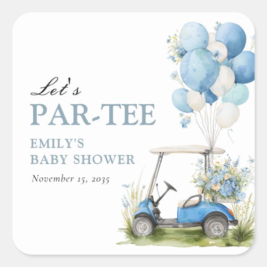 Golf Let's Par-tee Jongens Baby Shower Vierkante Sticker (Voorkant)