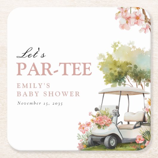 Golf Let's Par-tee Meisje Baby Shower Kartonnen Onderzetters (Voorkant)