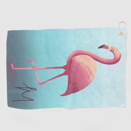 Golf Lover Flamingo Roze Blauw Elegant Monogram Golfhanddoek (Horizontaal)