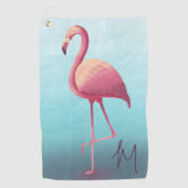 Golf Lover Flamingo Roze Blauw Elegant Monogram Golfhanddoek (Voorkant)