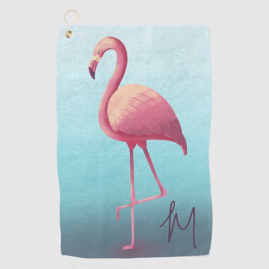 Golf Lover Flamingo Roze Blauw Elegant Monogram Golfhanddoek (Voorkant)