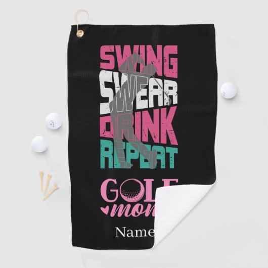 Golf Mam Swing Swear Herhaal op zwart Golfhanddoek (Insitu)