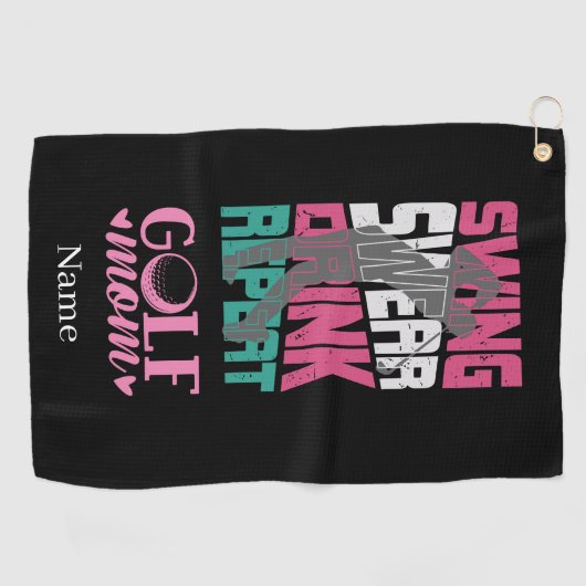 Golf Mam Swing Swear Herhaal op zwart Golfhanddoek (Horizontaal)