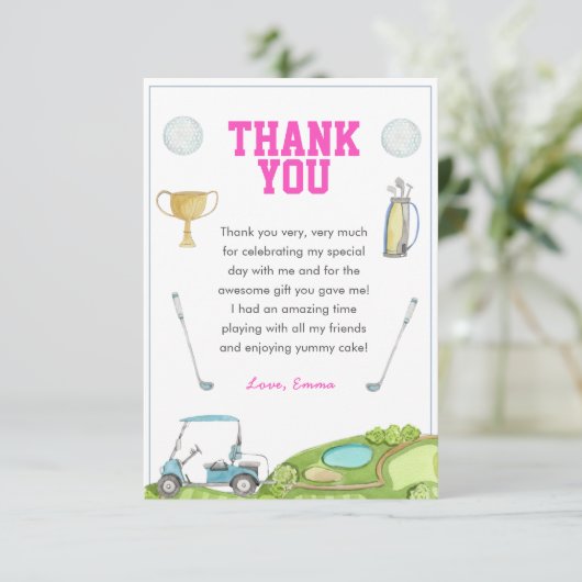 Golf meisje verjaardag bedankkaart (Staand voorkant)
