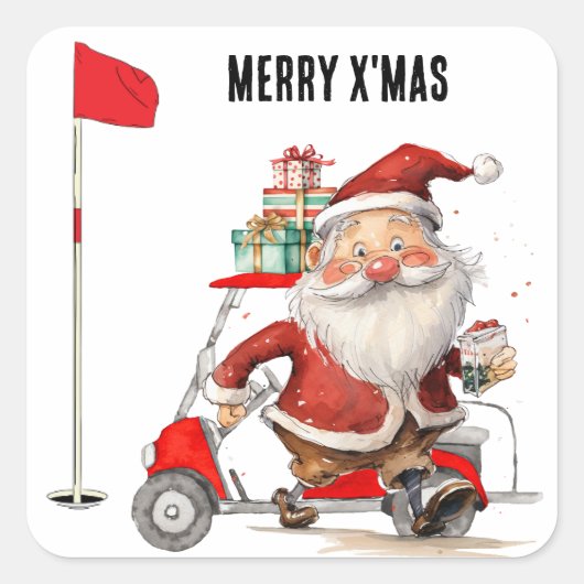 Golf Merry Kerstmis met Santa Claus Golfer Vierkante Sticker (Voorkant)