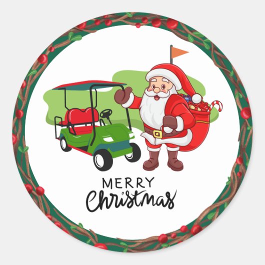 Golf Merry Kerstmis met Santa Claus golfing Ronde Sticker (Voorkant)