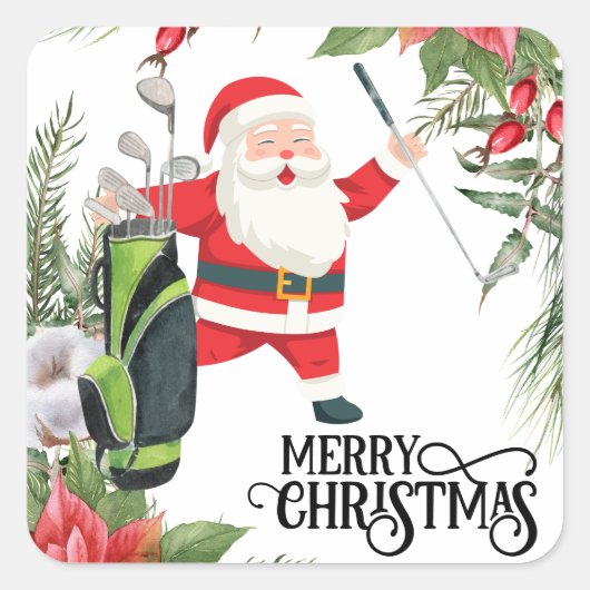 Golf Merry Kerstmis met Santa Claus golfing Vierkante Sticker (Voorkant)
