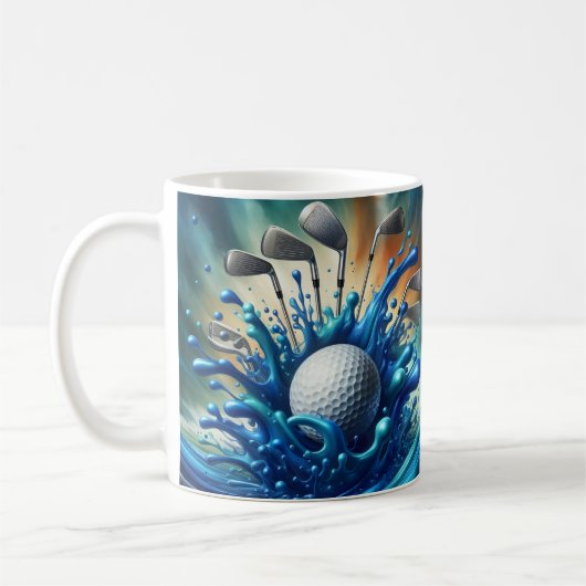 Golf met blauwe watersplas koffiemok (Links)