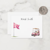 Golf met naam voor golfer met golfkar onder vlag notitiekaartje (Voorkant / Achterkant in situ)