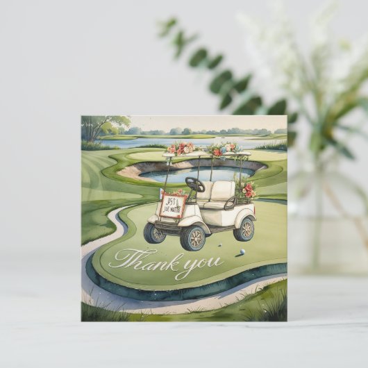 Golf met tekst op golfbaan bruiloft bedankkaart (Staand voorkant)