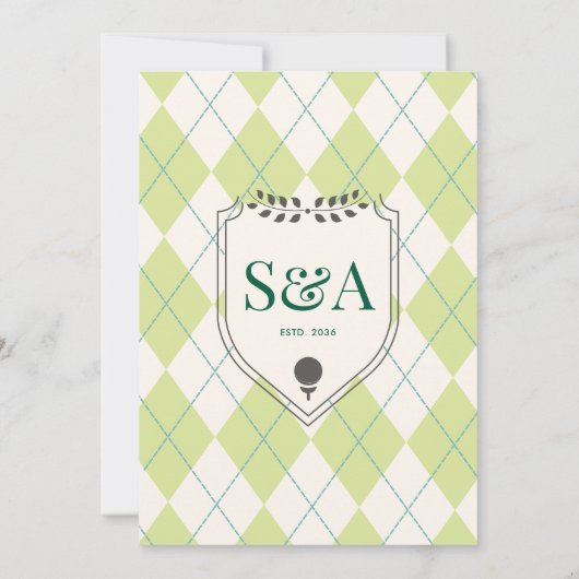 Golf Modern Argyle Elegante bruiloft Monogram Cres Kaart (Achterkant)