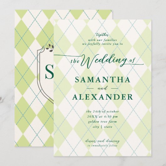 Golf Modern Argyle Elegante bruiloft Monogram Cres Kaart (Voorkant / Achterkant)