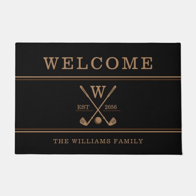 Golf Monogram Familienaam Bruin Zwart Deurmat (Voorkant)