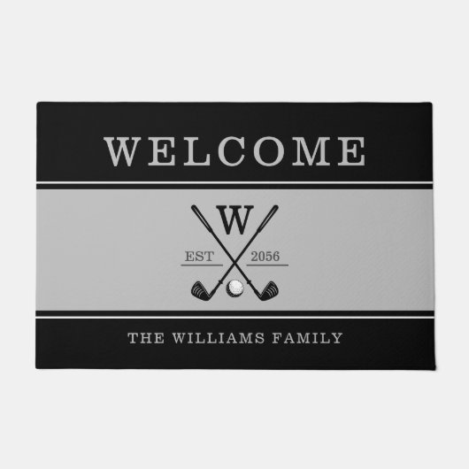 Golf Monogram Familienaam Charcoal Grey Black Deurmat (Voorkant)