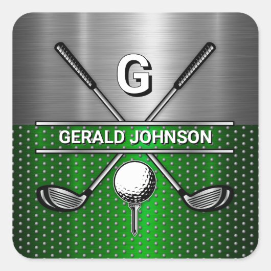 Golf Monogram Metaal Groen en Zilver Vierkante Sticker (Voorkant)