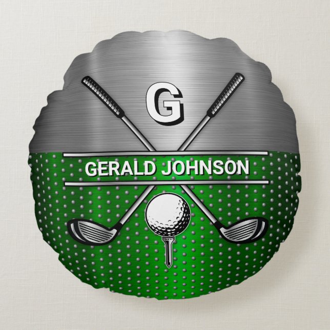 Golf Monogram Metallic Groen en Zilver Rond Kussen (Voorkant)