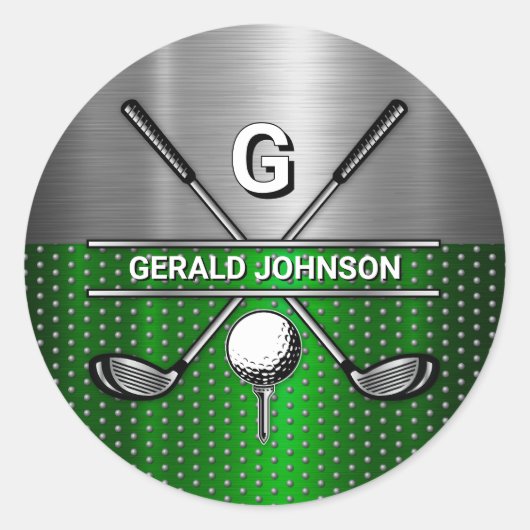 Golf Monogram Metallic Groen en Zilver Ronde Sticker (Voorkant)