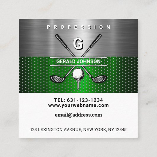 Golf Monogram Metallic Groen en Zilver Vierkante Visitekaartje (Achterkant)