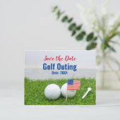 Golf Outing Save the Date with Flag of America Briefkaart (Staand voorkant)
