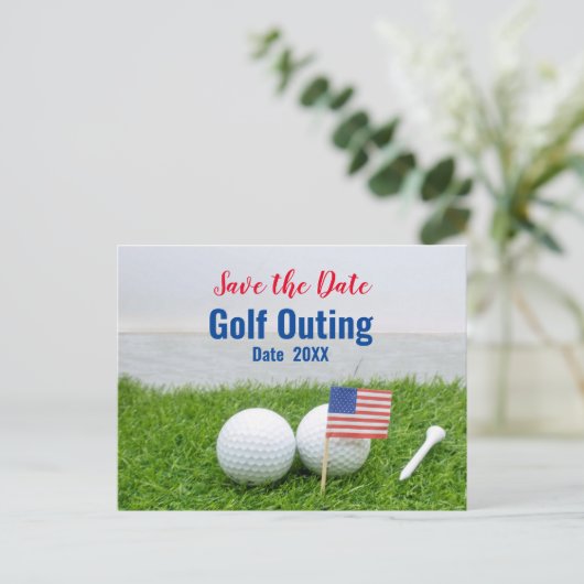 Golf Outing Save the Date with Flag of America Briefkaart (Staand voorkant)