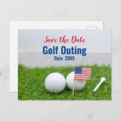 Golf Outing Save the Date with Flag of America Briefkaart (Voorkant / Achterkant)