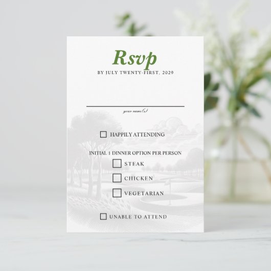 Golf Paar Voedsel Keuzen RSVP Kaartje (Staand voorkant)