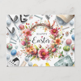 Golf paaseieren met golfuitrusting met bloem briefkaart