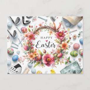 Golf paaseieren met golfuitrusting met bloem briefkaart