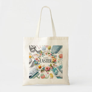 Golf paaseieren met golfuitrusting met bloem tote bag