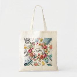 Golf paaseieren met golfuitrusting met bloem tote bag