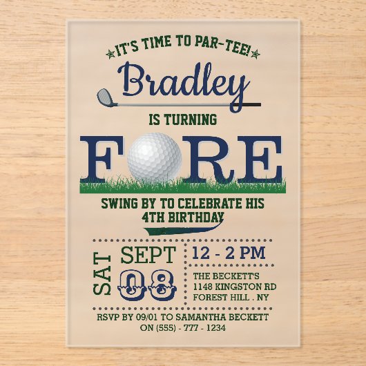Golf PAR-T-SHIRT 4e verjaardag Acryl Uitnodigingen (Voorkant)