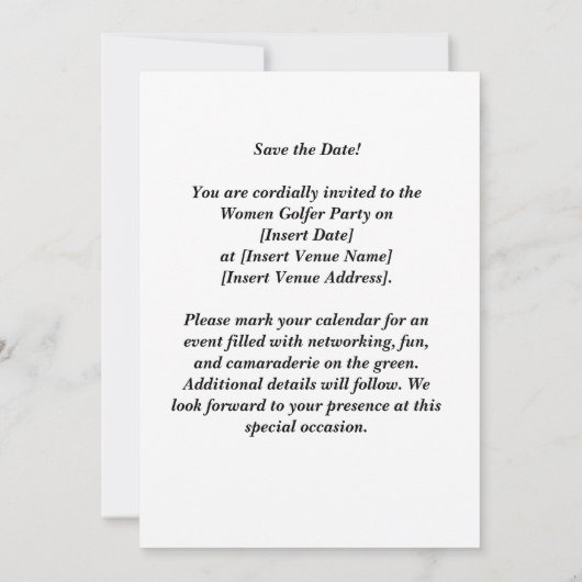 Golf Par t-shirt Vrouw golfer partij save the date Kaart (Achterkant)