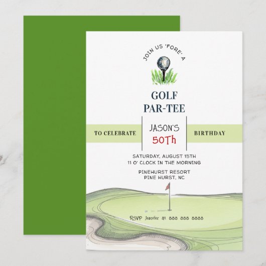 Golf PAR- TEE Birthday party Kaart (Voorkant / Achterkant)