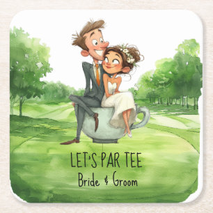Golf Par tee met bruid & Bruidegom op de baan Kartonnen Onderzetters