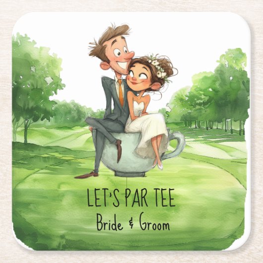 Golf Par tee met bruid & Bruidegom op de baan Kartonnen Onderzetters (Voorkant)