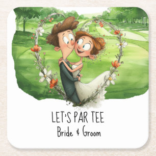 Golf: Par tee met bruid en bruidegom op de baan Kartonnen Onderzetters