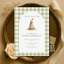 Golf Par-Tee Sage Green Gingham 1st Birthday Kaart