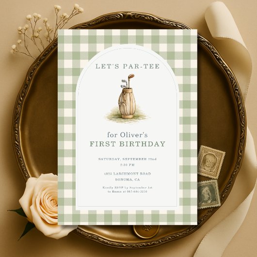 Golf Par-Tee Sage Green Gingham 1st Birthday Kaart