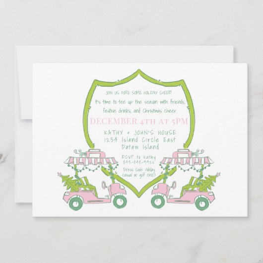 Golf Party Roze Golf Carts Groene Crest Kerstmis Kaart (Voorkant)