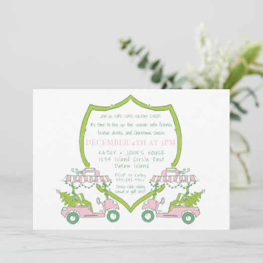 Golf Party Roze Golf Carts Groene Crest Kerstmis Kaart (Staand voorkant)