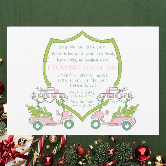 Golf Party Roze Golf Carts Groene Crest Kerstmis Kaart